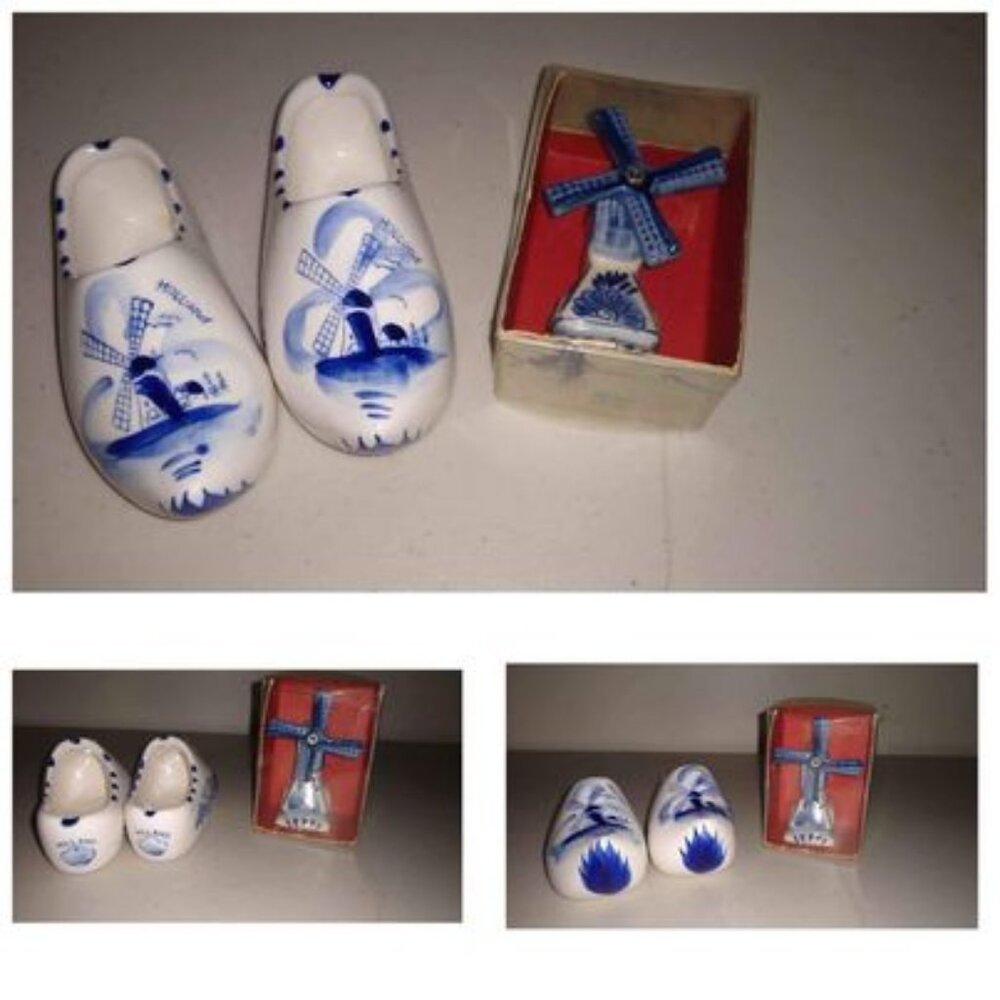 Hand Made Porcelain Wind Mill + Shoes Dutch Souvenir vintage